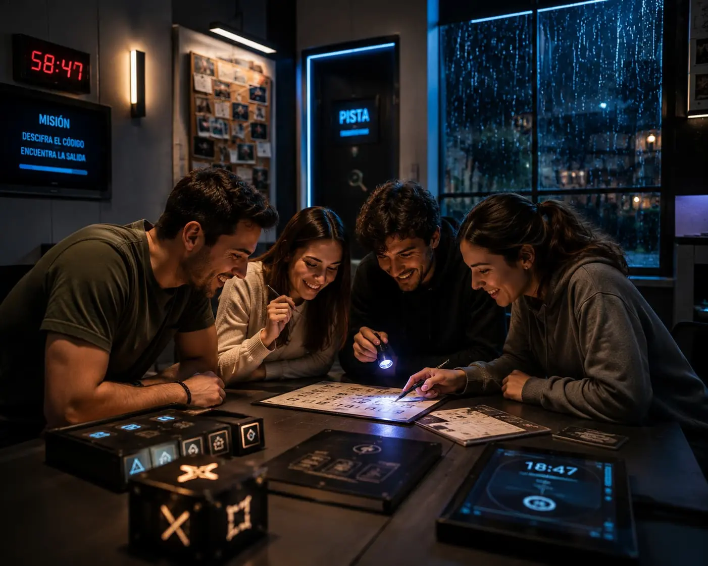 Grupo de amigos resolviendo un enigma en un escape room de Materia Gris Alcorcón
