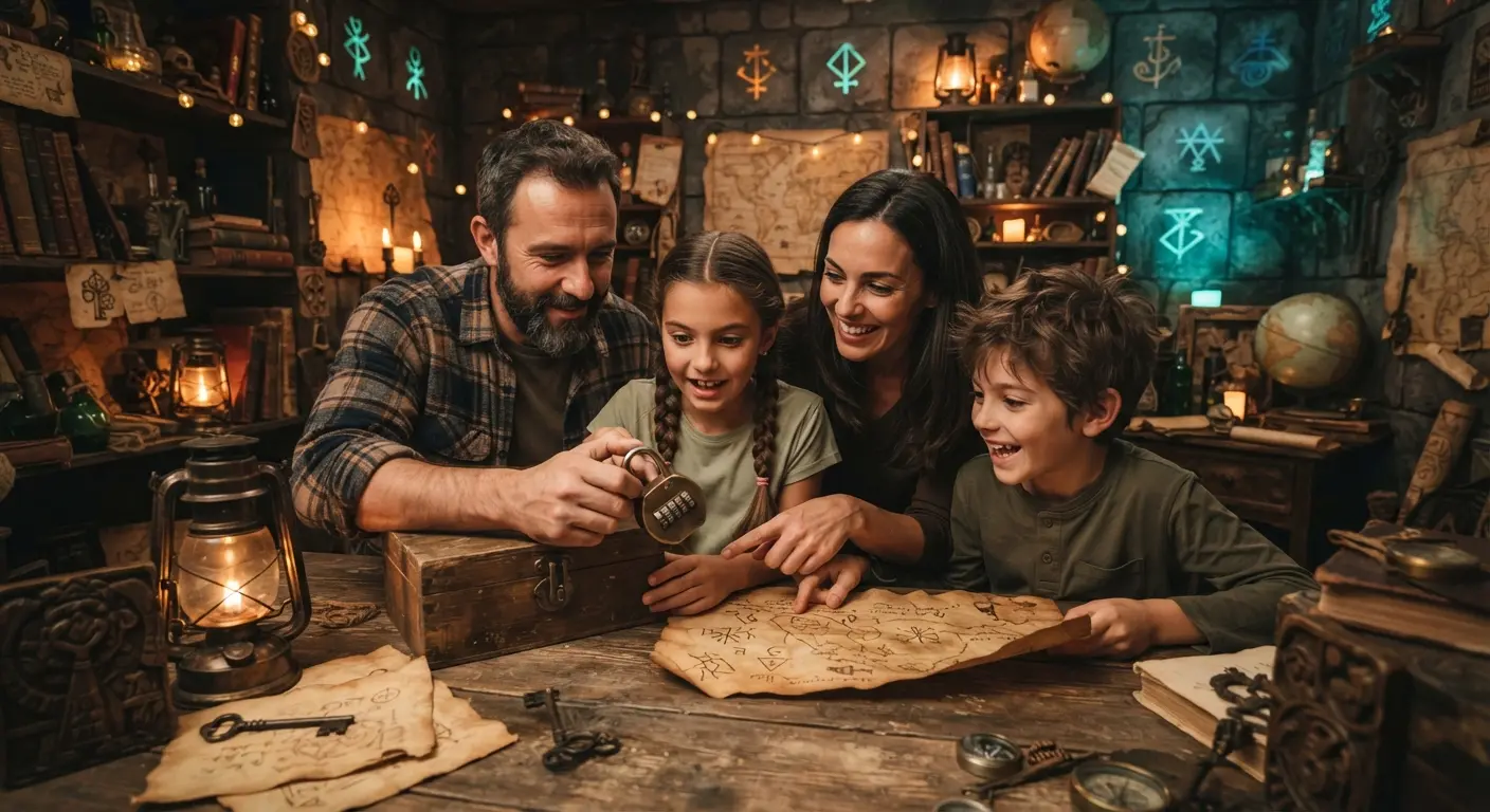 Familia con niños jugando en un escape room temático de Materia Gris
