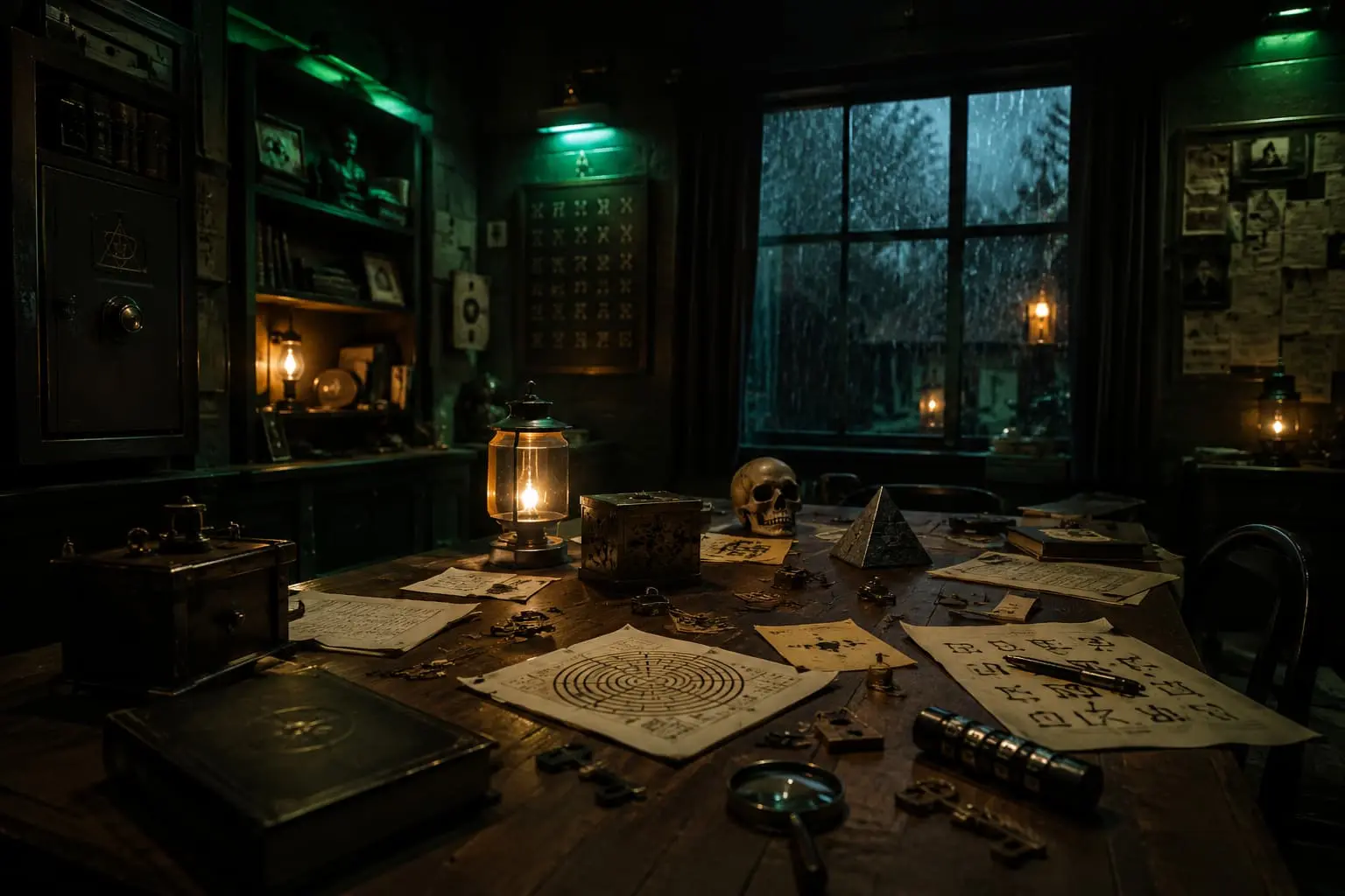 Interior de un escape room con ambiente misterioso y lluvia cayendo tras la ventana