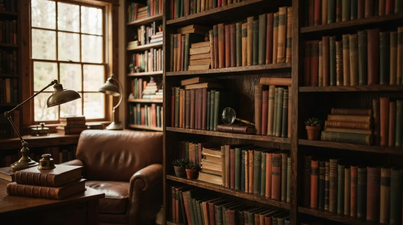 Persona leyendo un libro de enigmas y acertijos junto a una lupa y pistas sobre una mesa