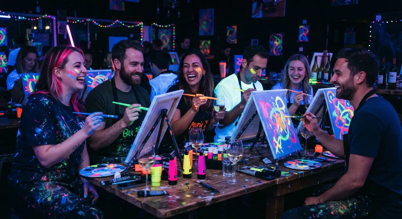 Grupo de adultos pintando con pintura fluorescente bajo luz negra en Glow Art Alcorcón