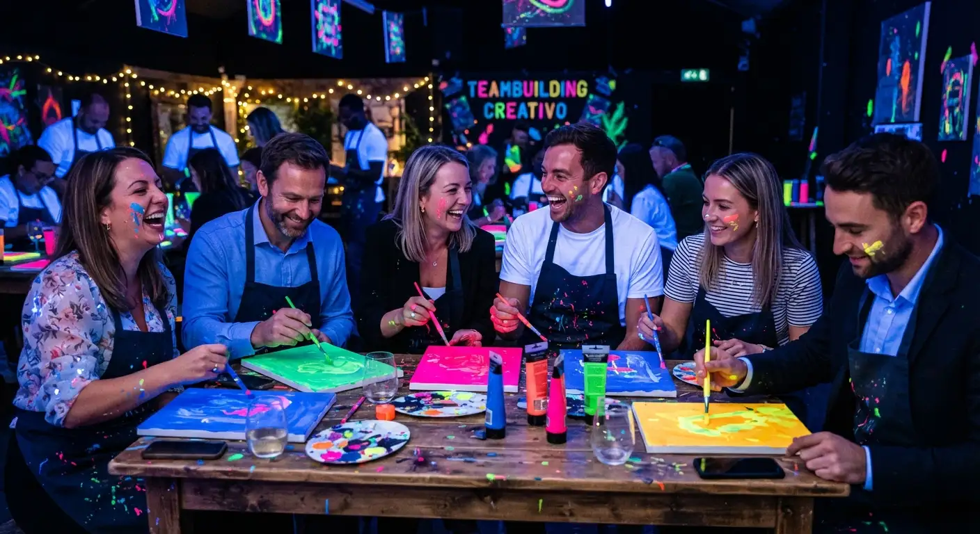 Equipo de trabajo pintando con pintura fluorescente bajo luz negra en una actividad de teambuilding Glow Art