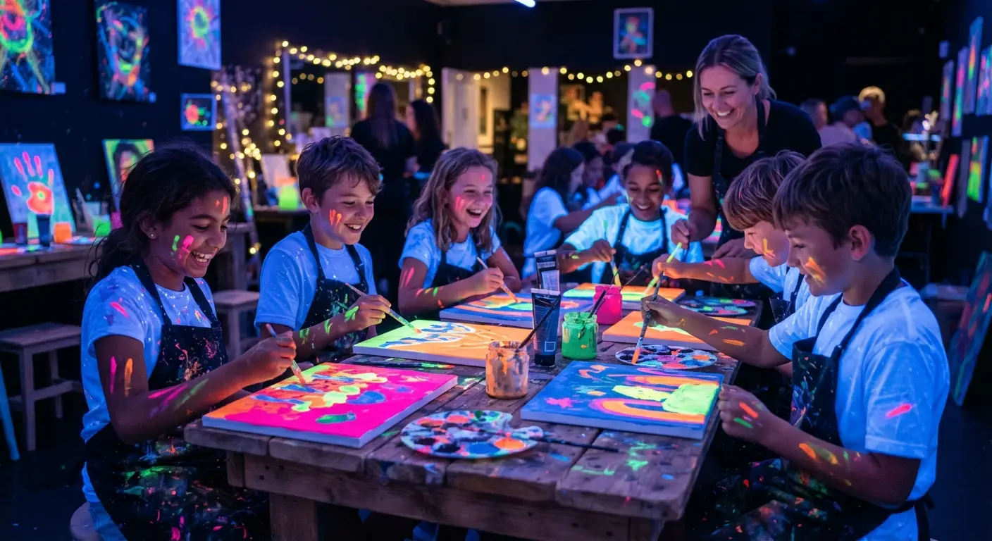 Niños pintando con pintura fluorescente bajo luz negra en el taller Glow Art de Materia Gris