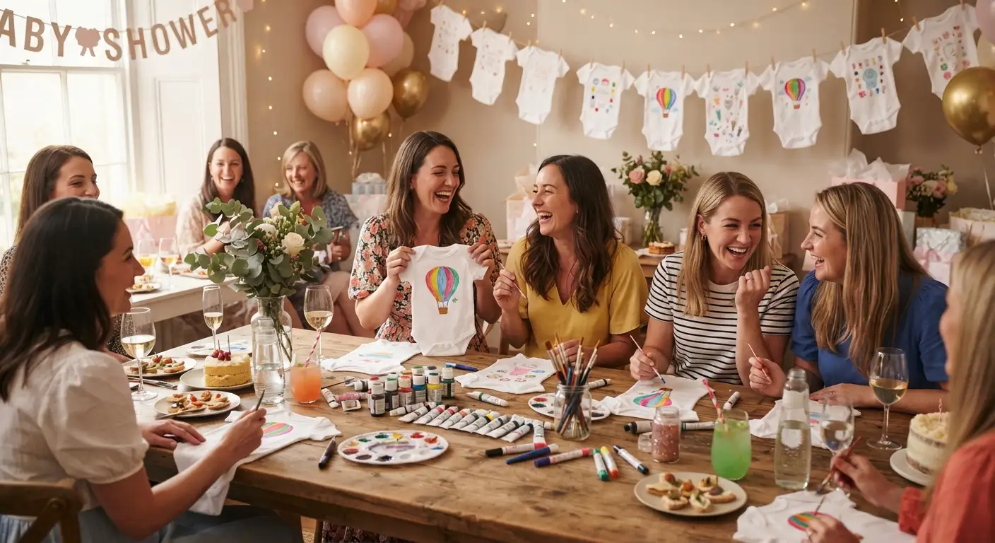 Grupo de mujeres celebrando un baby shower mientras pintan bodies de bebé en Materia Gris