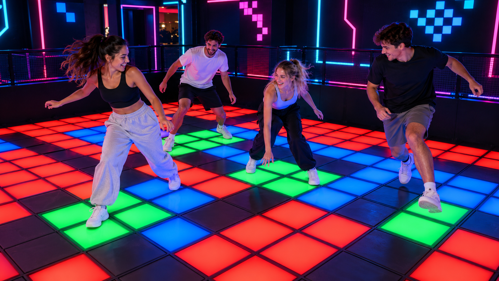 Amigos jugando a El suelo es lava sobre un suelo de luces LED en Alcorcón