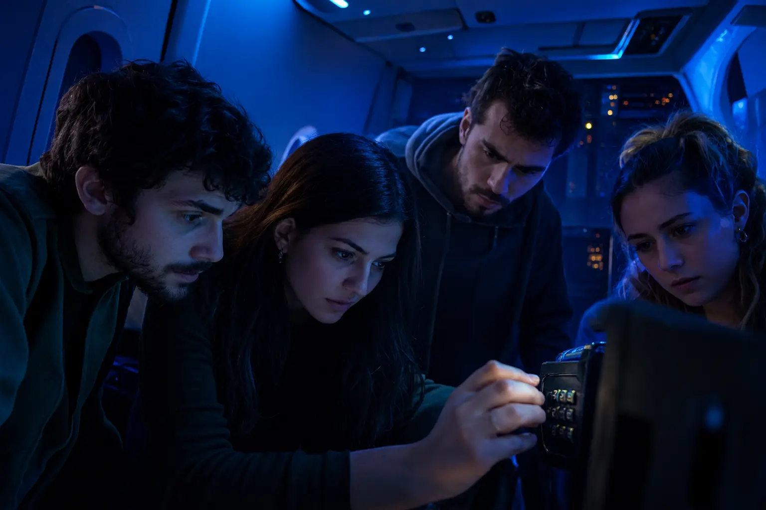 Grupo de amigos abriendo un candado numérico en el escape room Gravity Zero de Fuenlabrada